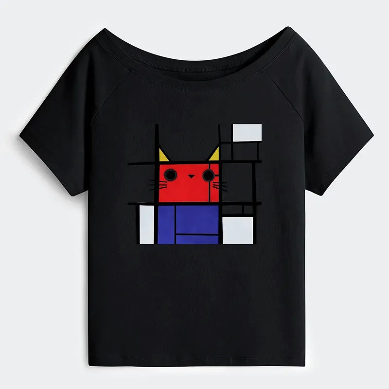 Japanese Cat Off Shoulder T-Shirt