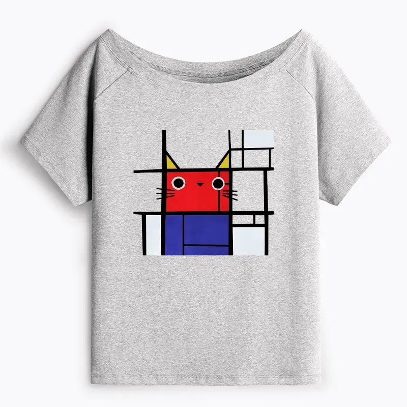 Kyoto-Lion Abstract Art Cat Off Shoulder T-Shirt