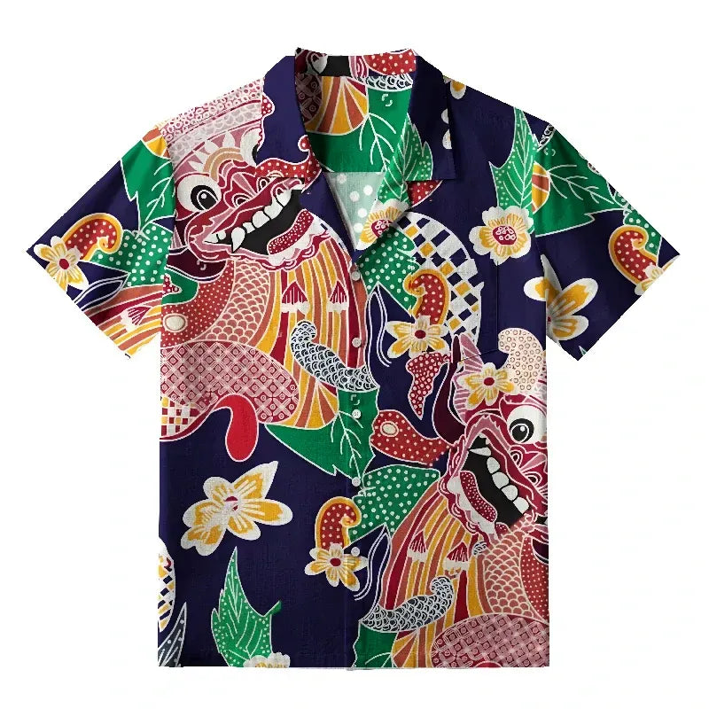 Kyoto-Lion Japanese Demon Mask Aloha Hawaiian Shirt