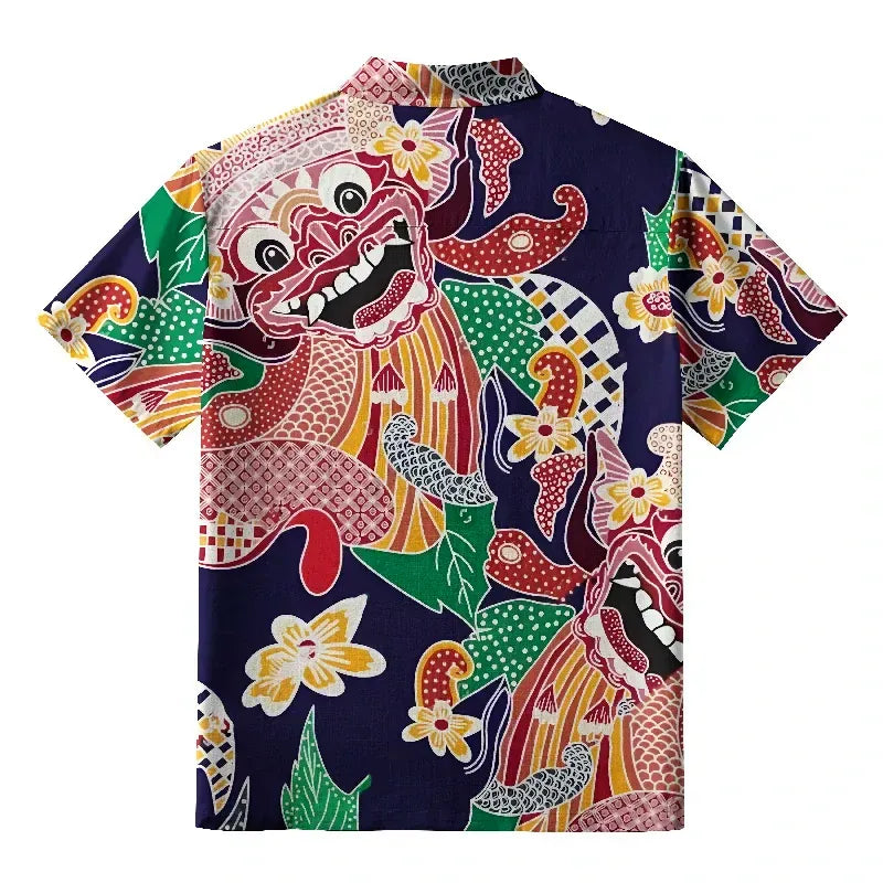 Kyoto-Lion Japanese Demon Mask Aloha Hawaiian Shirt