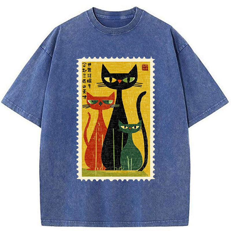 Kyoto-Lion World Domination Squad Cat Poster Washed T-Shirt