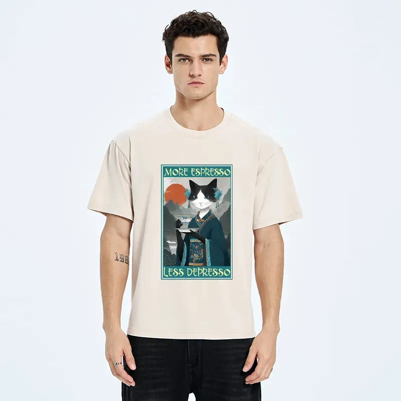 Kyoto-Lion The Zen Barista Cat Washed T-Shirt