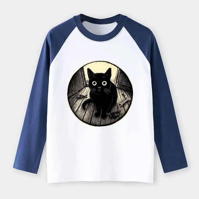 Japanese vintage black cat raglan tee