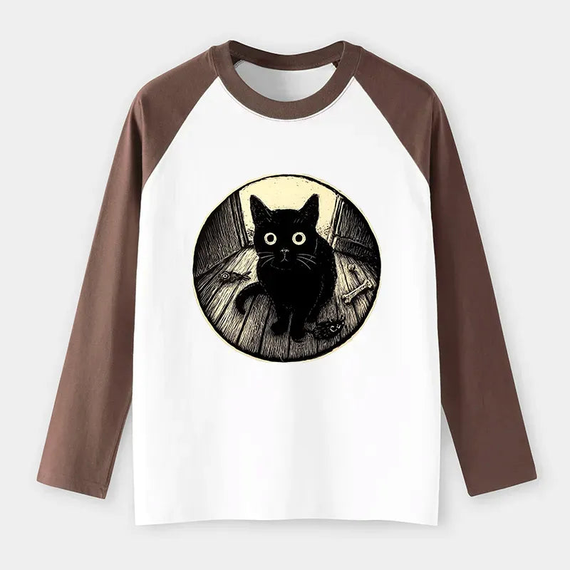 Kyoto-Lion Waiting Black Cat Raglan Long Sleeve T-shirt