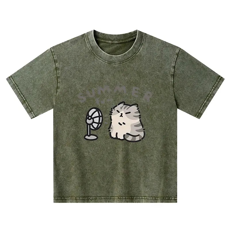 Kyoto-Lion Summer Cat Chills With A Fan Kids Washed T-Shirt