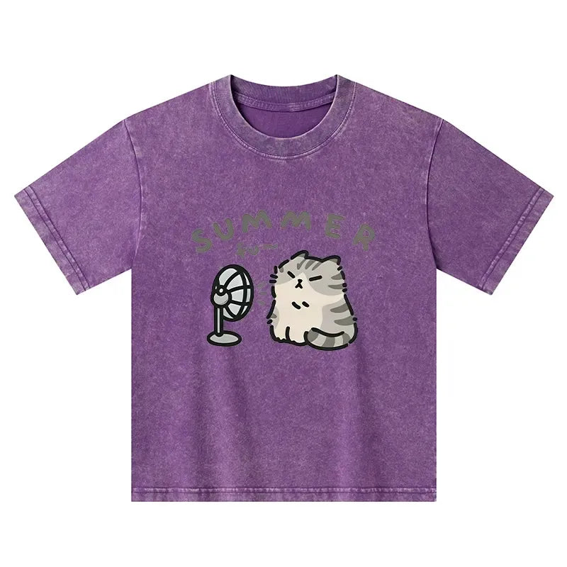 Kyoto-Lion Summer Cat Chills With A Fan Kids Washed T-Shirt