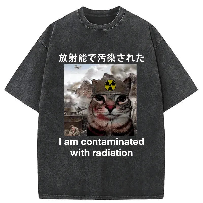 Japanese washed cat t-shirt for streetwear