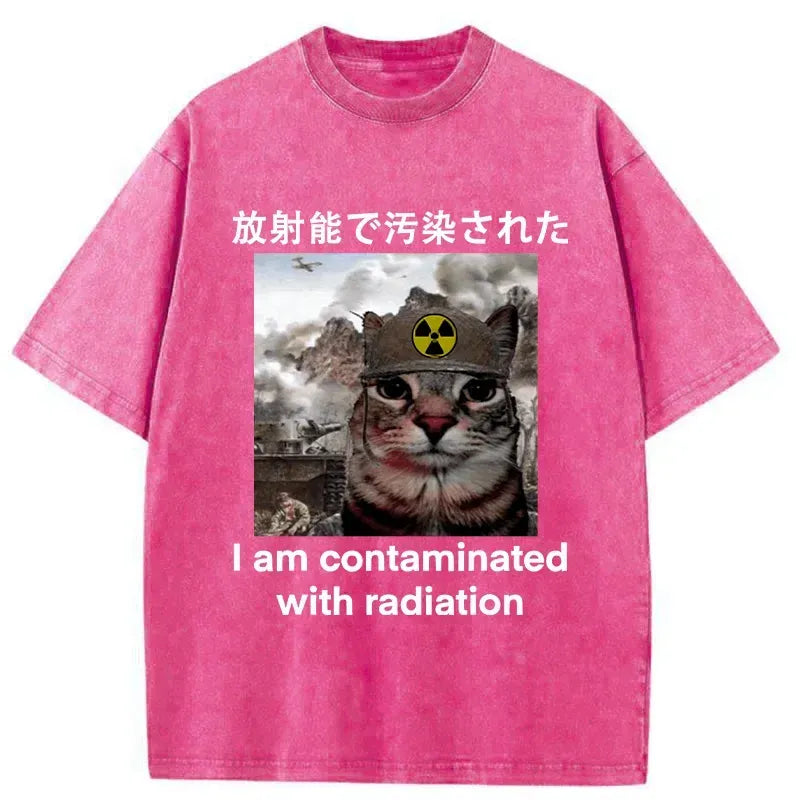 Japanese washed cat t-shirt for streetwear