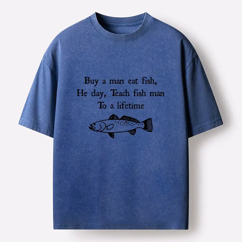 Kyoto-Lion Man Eat Fish Meme Washed T-Shirt
