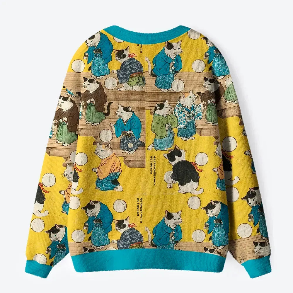 Kyoto-LionCats In Kimonos: A Tale Of Grace And Mischief Ugly Cardigan Sweater