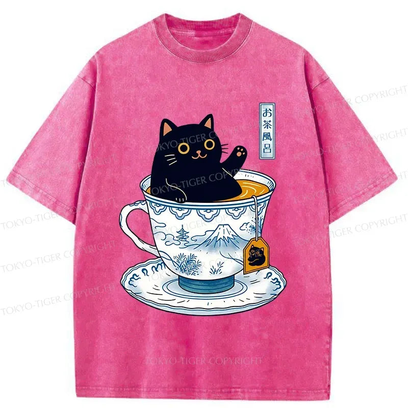 Kyoto-Lion Cat In Teacup Washed T-Shirt