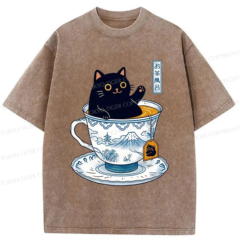 Kyoto-Lion Cat In Teacup Washed T-Shirt