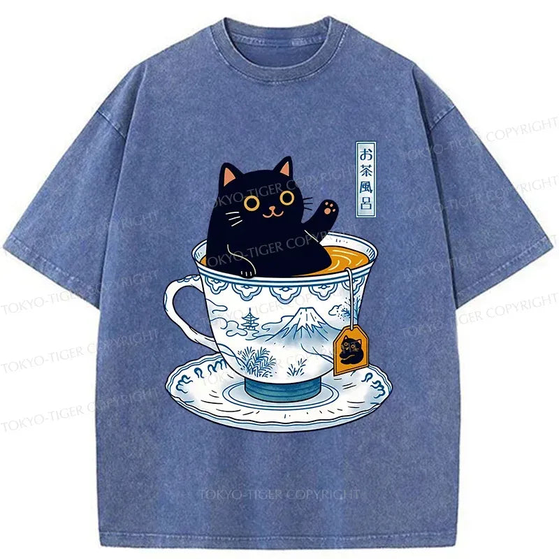 Kyoto-Lion Cat In Teacup Washed T-Shirt