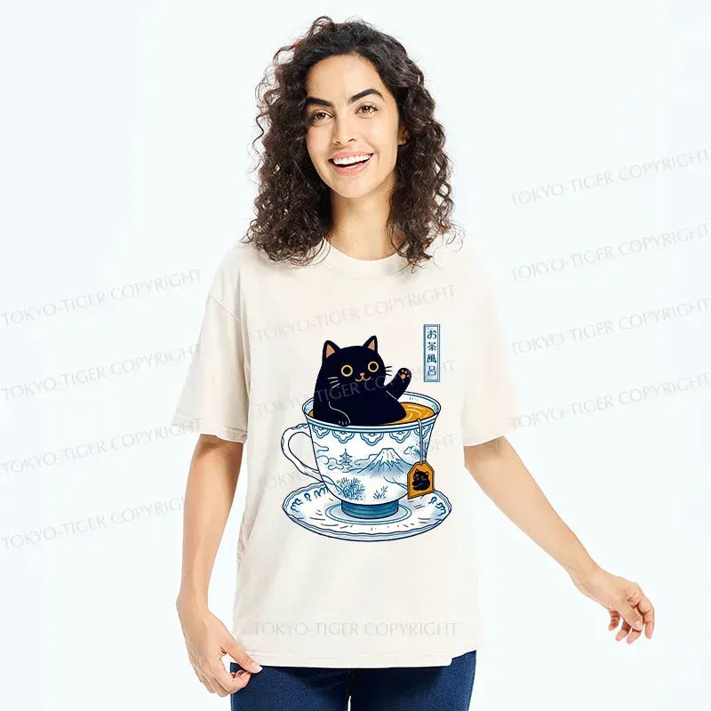 Kyoto-Lion Cat In Teacup Washed T-Shirt