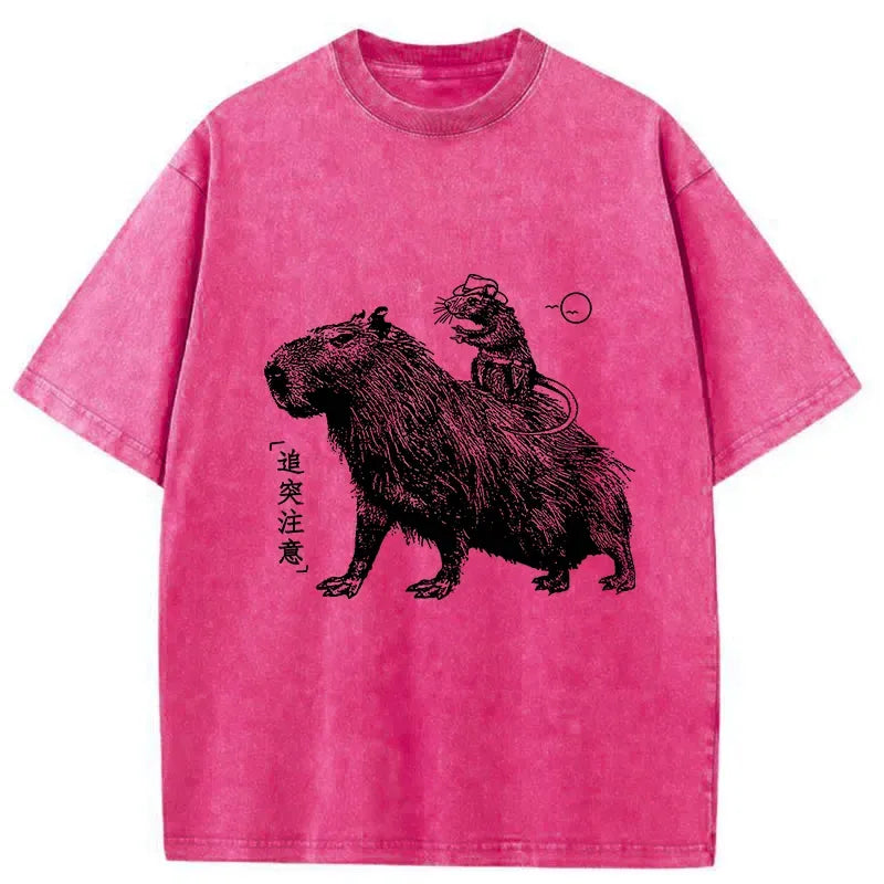 Kyoto-Lion Mouse Riding A Capybara Washed T-Shirt