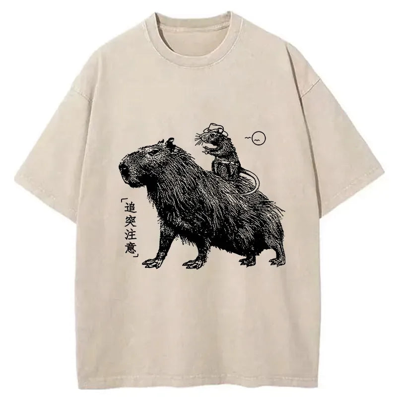 Kyoto-Lion Mouse Riding A Capybara Washed T-Shirt