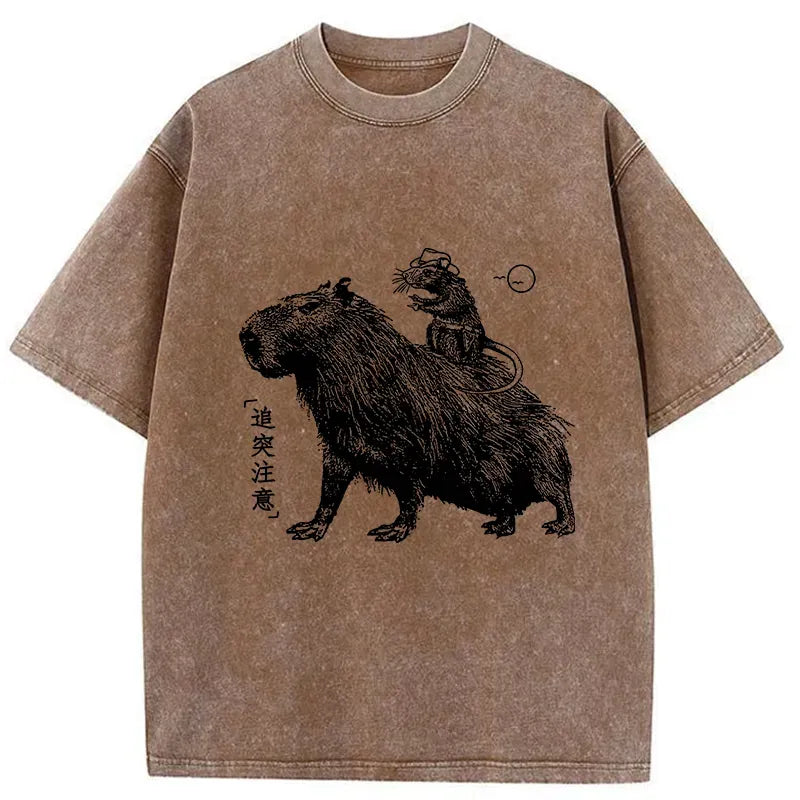 Kyoto-Lion Mouse Riding A Capybara Washed T-Shirt