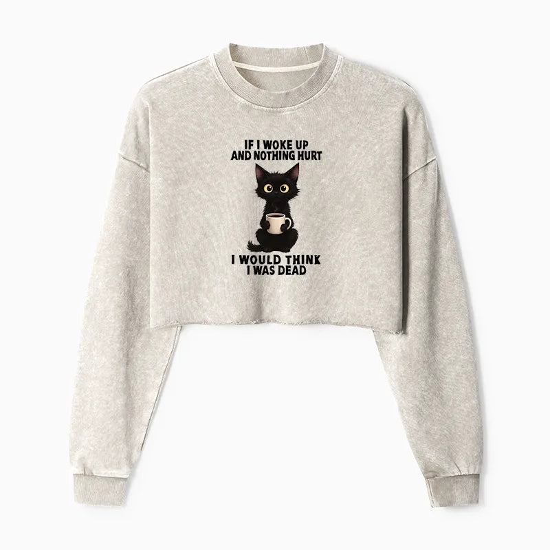 Kyoto-Lion Funny Cute Black Cat And Coffee Meme Washed Crop Sweatshirt