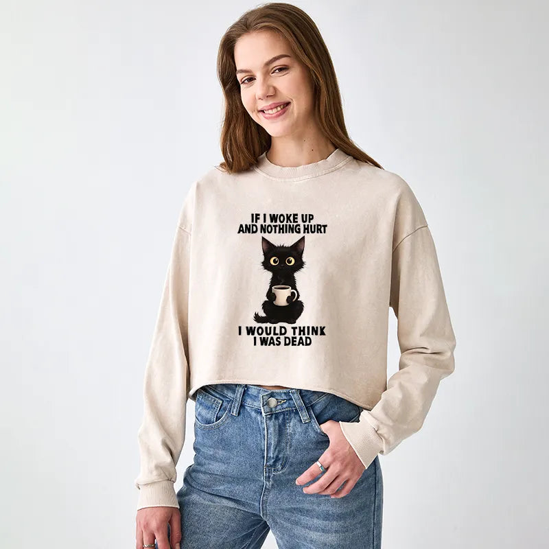 Kyoto-Lion Funny Cute Black Cat And Coffee Meme Washed Crop Sweatshirt