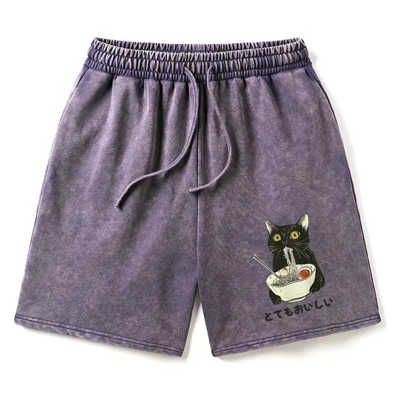 Kyoto-Lion Cats Eat Ramen Noodles Washed Shorts