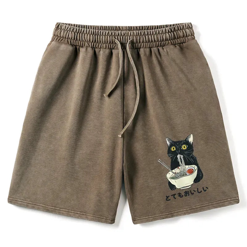 Kyoto-Lion Cats Eat Ramen Noodles Washed Shorts