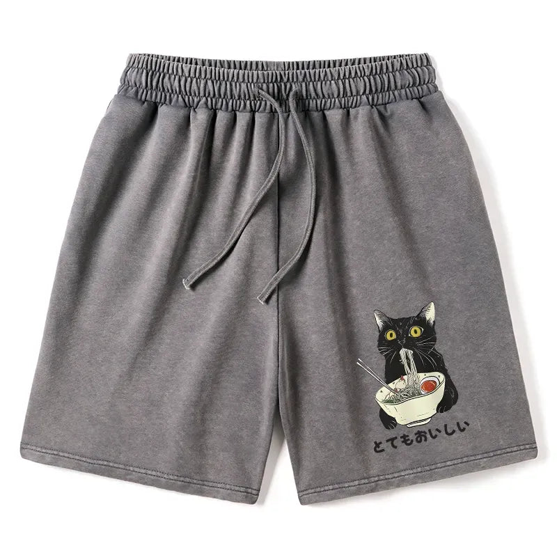 Japanese Cat Ramen Washed Shorts On Sale