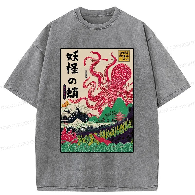 Kyoto-Lion Octopus Japanese Yokai Washed T-Shirt