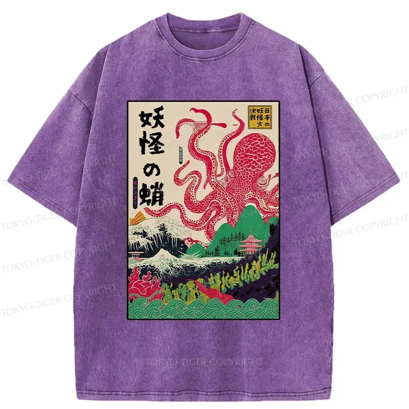 Japanese Yokai Washed T-Shirt for Daily Wear