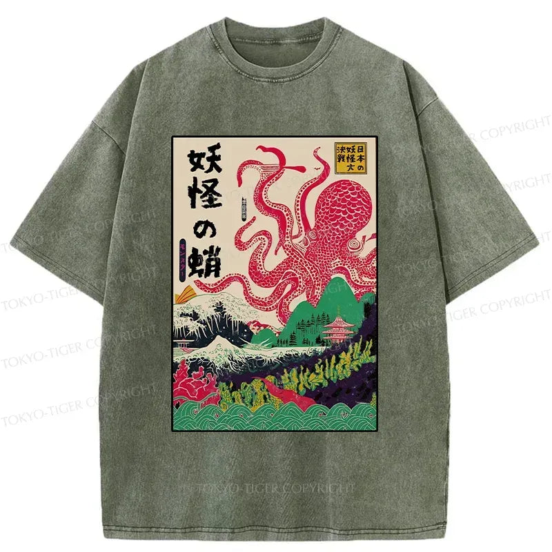 Japanese Yokai Washed T-Shirt for Daily Wear