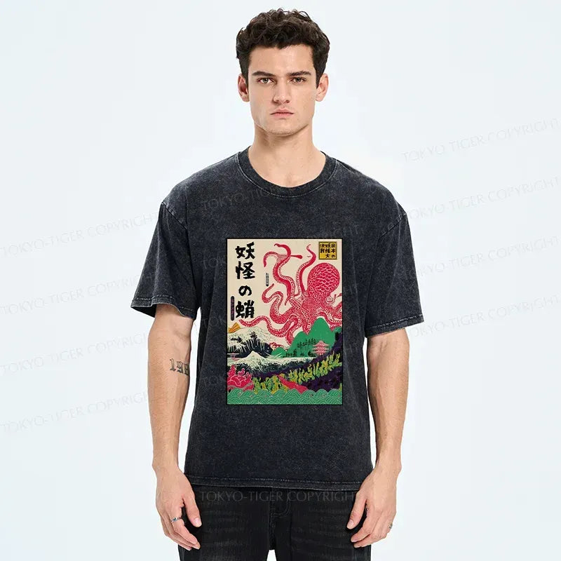 Kyoto-Lion Octopus Japanese Yokai Washed T-Shirt