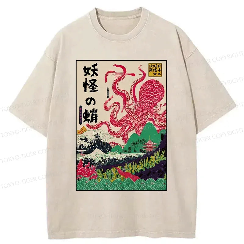 Japanese Yokai Washed T-Shirt for Daily Wear