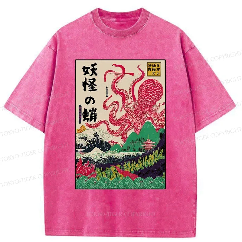 Kyoto-Lion Octopus Japanese Yokai Washed T-Shirt