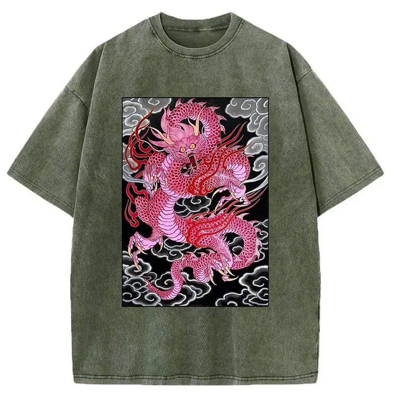 Kyoto-Lion Pink Dragon Washed T-Shirt