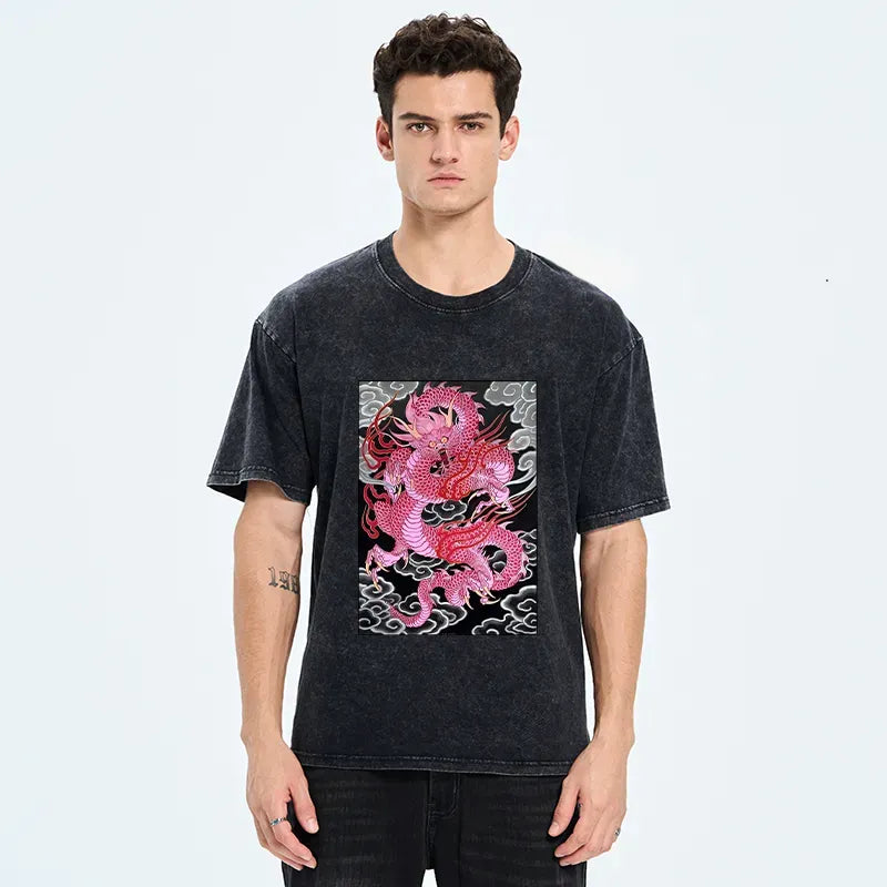 Kyoto-Lion Pink Dragon Washed T-Shirt