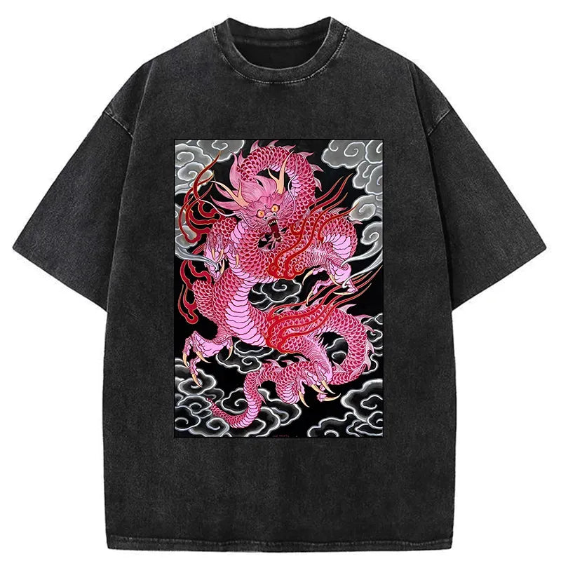 Kyoto-Lion Pink Dragon Washed T-Shirt