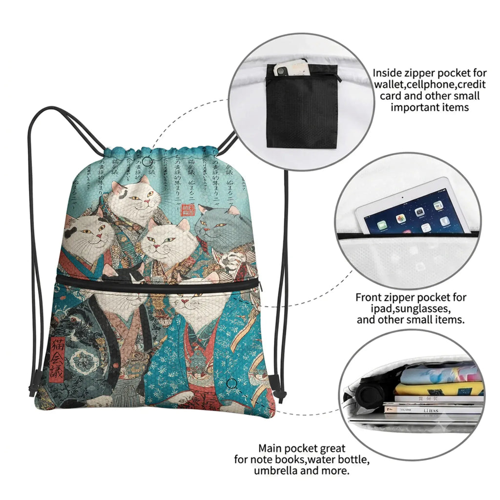 Kyoto-Lion Formal Gathering of Ukiyo-e Cat Nobles Drawstring Backpack