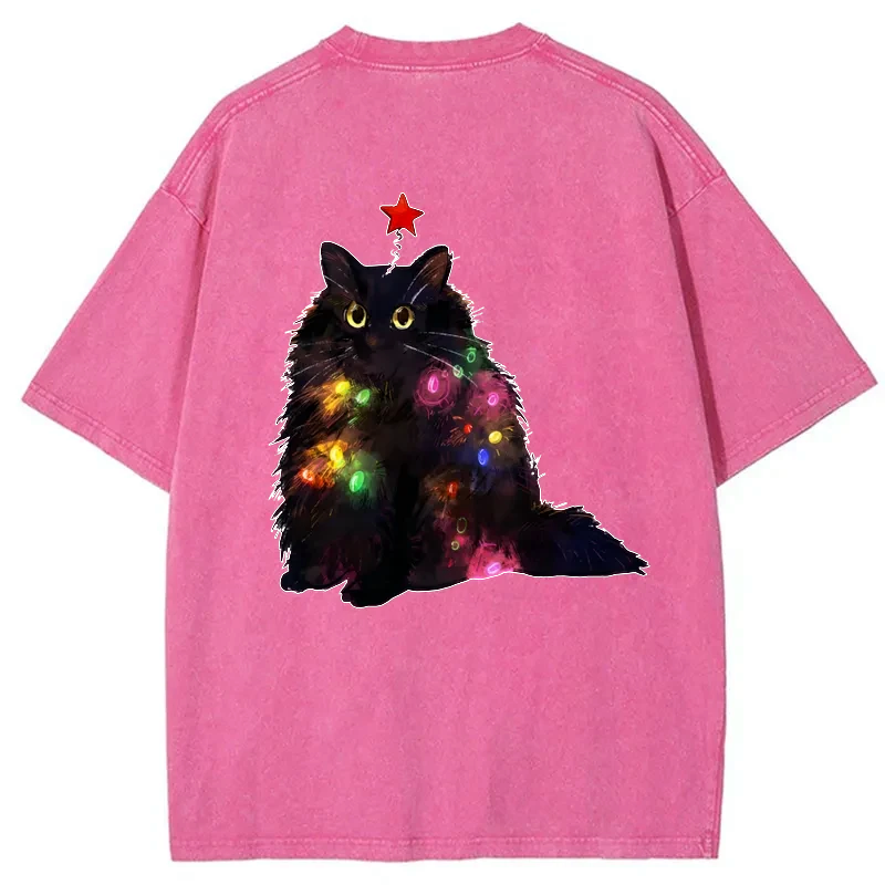 Kyoto-Lion Christmas Lights Cat Back Washed T-Shirt