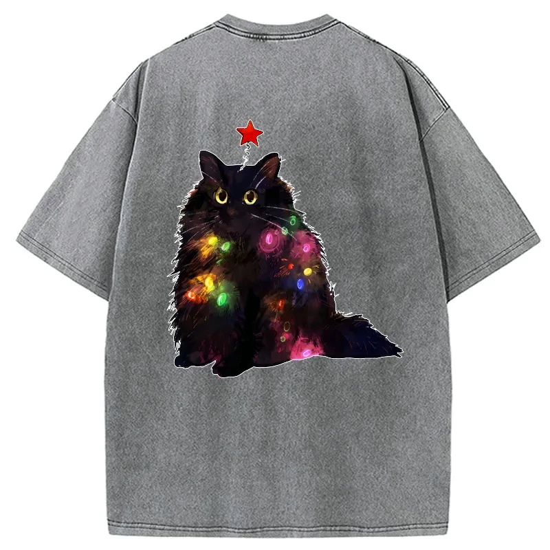 Kyoto-Lion Christmas Lights Cat Back Washed T-Shirt