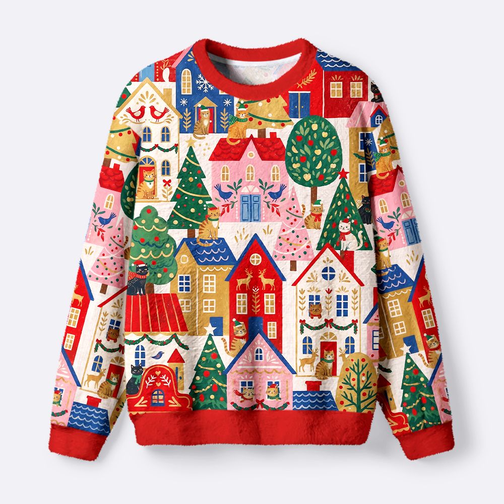 Kyoto-Lion Christmas Cat Town Fuzzy Christmas Ugly Sweatshirt