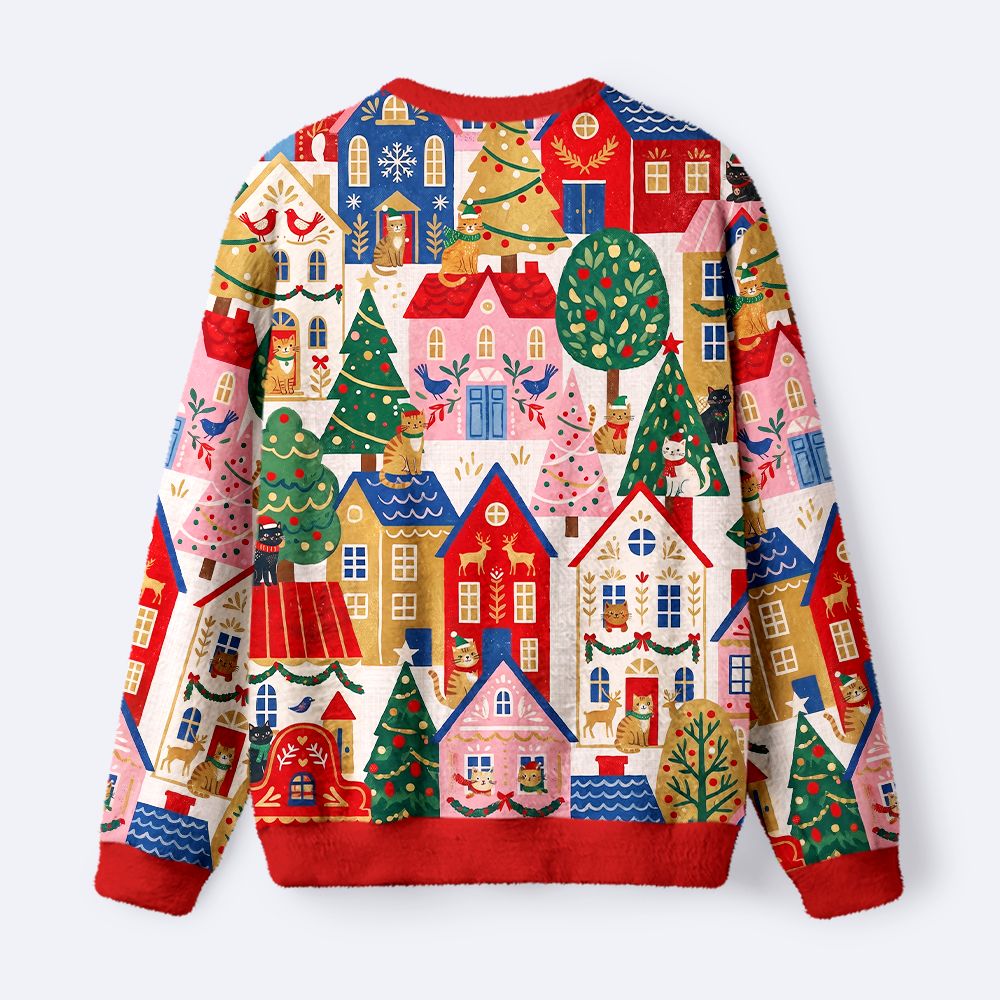 Kyoto-Lion Christmas Cat Town Fuzzy Christmas Ugly Sweatshirt