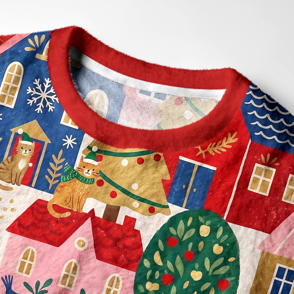 Kyoto-Lion Christmas Cat Town Fuzzy Christmas Ugly Sweatshirt