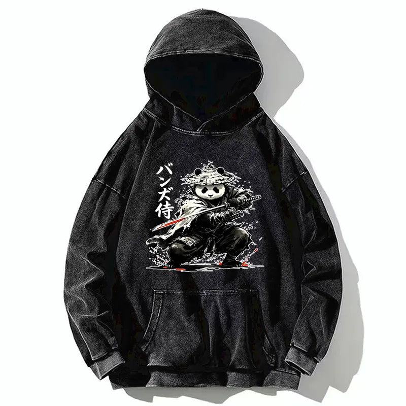 Kyoto-Lion Panda Samurai Warrior Washed Hoodie