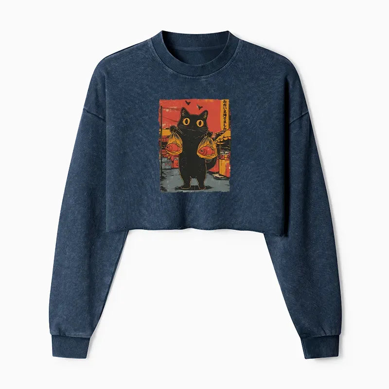 Japanese Cat Fishing Washed Crop Sweatshirt