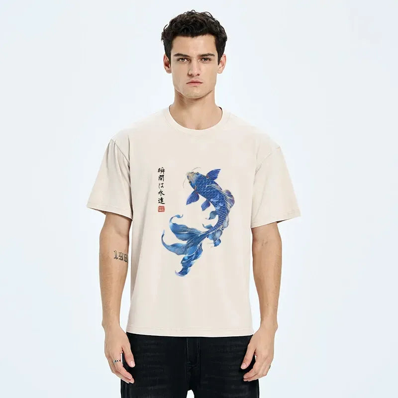 Kyoto-Lion Lucky Blue Koi Fish Art Washed T-Shirt