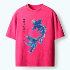 Kyoto-Lion Lucky Blue Koi Fish Art Washed T-Shirt
