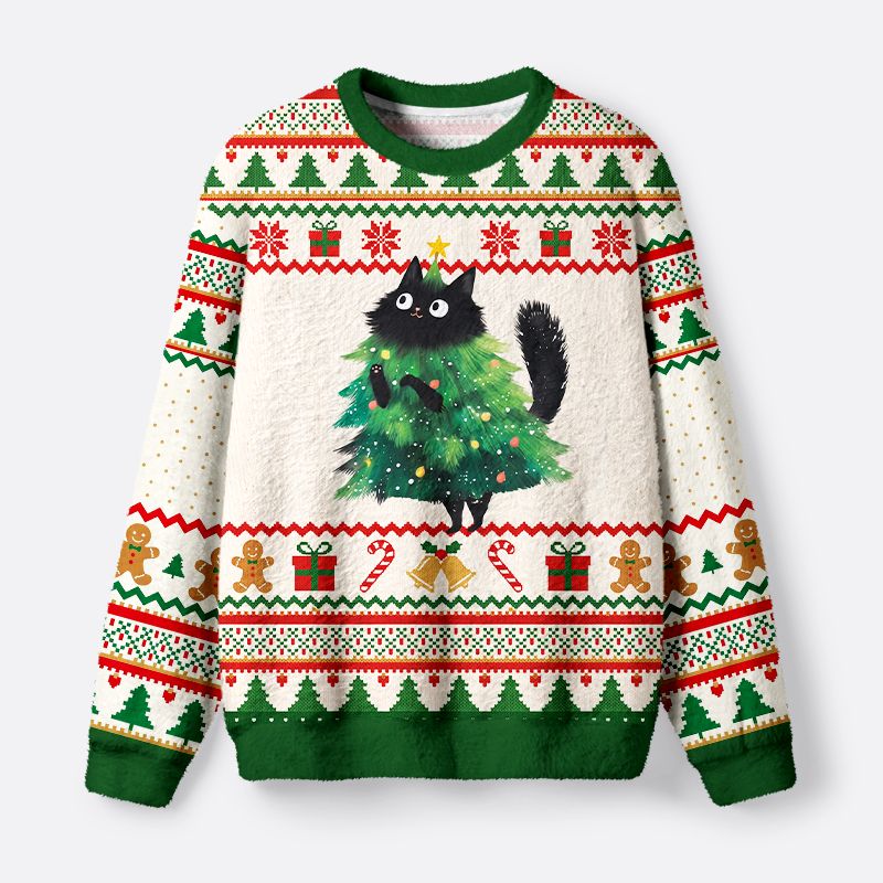 Kyoto-Lion Cute Black Cat Christmas Tree Fuzzy Christmas Ugly Sweatshirt