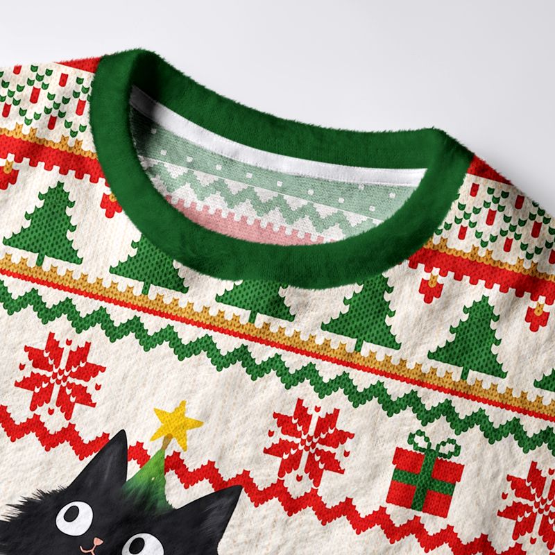 Kyoto-Lion Cute Black Cat Christmas Tree Fuzzy Christmas Ugly Sweatshirt