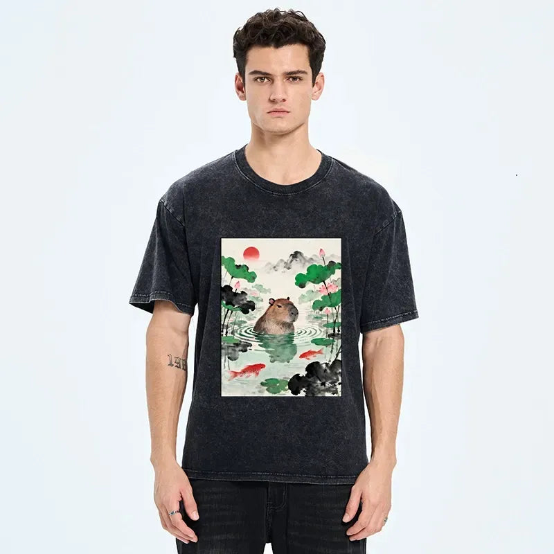 Kyoto-Lion Chill Capybara In Water Washed T-Shirt
