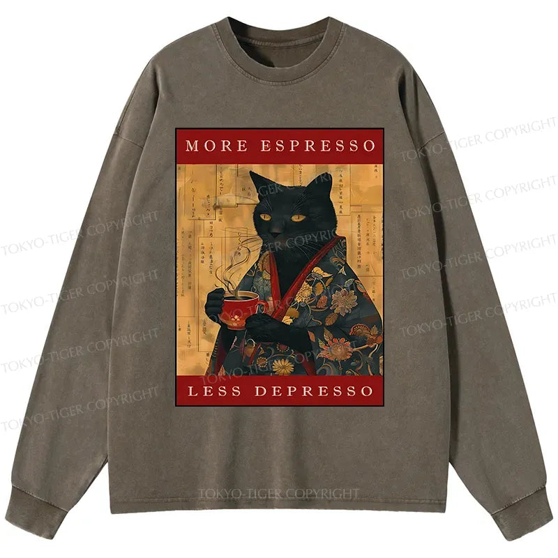 Kyoto-Lion More Espresso Less Depresso Cat Washed Long Sleeve T-Shirt