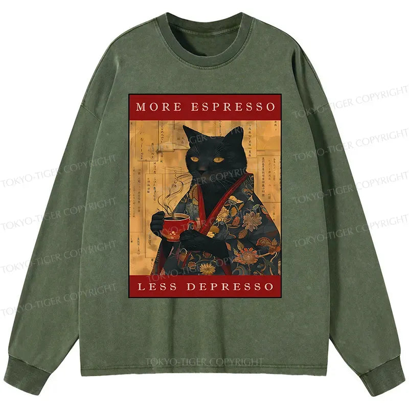 Kyoto-Lion More Espresso Less Depresso Cat Washed Long Sleeve T-Shirt